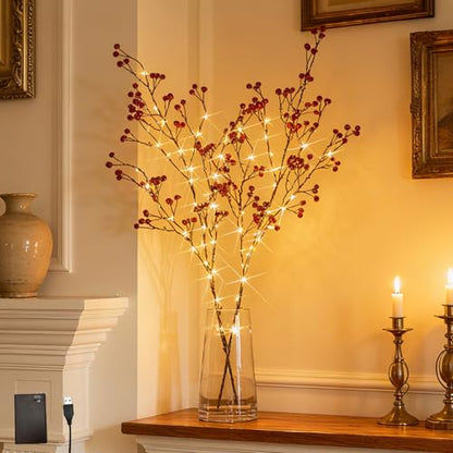Lighted Red Berry Branches with Timer & Fairy Lights - Battery & USB Operated, 32 Inch Christmas Holiday Decor - Red Berry Variation