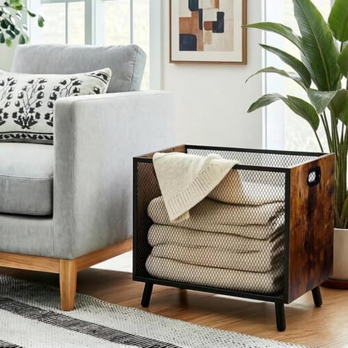 67L Rustic Wood & Mesh Blanket Basket - Brown Variation