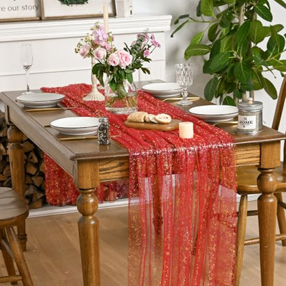Horaldaily Red Gold Gauze Square Tablecloth 60x60 Inch Home Decor