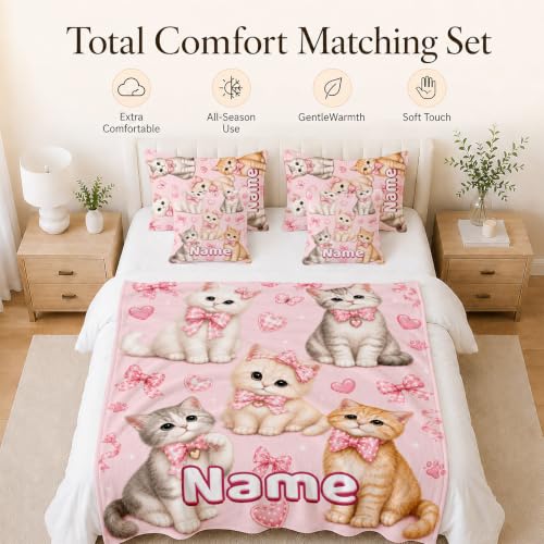 Personalized Girls Cat Blanket Pink Bow - Custom Kids Throw