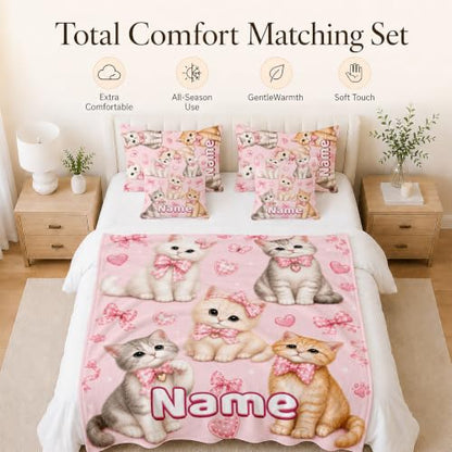 Personalized Girls Cat Blanket Pink Bow - Custom Kids Throw