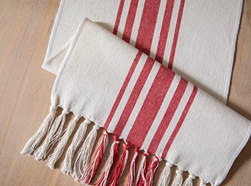 Christmas Table Runner 13x90 Inch with Tassels - Red Beige Stripe Boho Holiday Decor