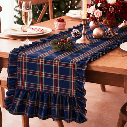 Navy Blue and Red Tartan Christmas Table Runner 72 Inch Ruffled
