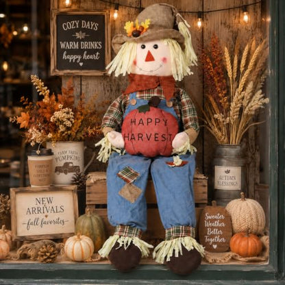 56-Inch Fall Harvest Sitting Scarecrow Decor for Autumn and Thanksgiving