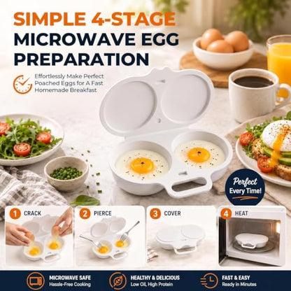 White Dual Cavity Microwave Egg Poacher with Lid & Handle - 2 Eggs, Food-Grade PP
