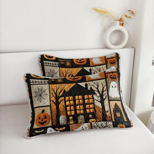 HOSIMA Kids Halloween Bedspread King Patchwork Quilt with 2 Pillowcases - Orange-Black