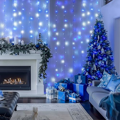 Blue and White Christmas Curtain Lights 300 LEDs 9.8x9.8ft with Remote