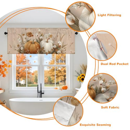 Pumpkin Leaves Fall Valance for Windows - Seasonal Short Curtain for Kitchen & Bathroom