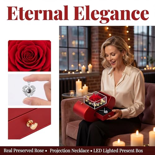 Red Preserved Rose Gift Box with LED Fairy Lights Romantic Keepsake for Women