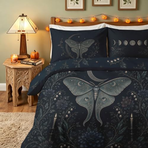 Oversized King Gothic Duvet Cover Set Luna Moth Floral Navy Blue Gray Silver