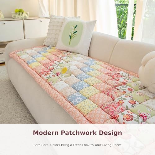 Pink Patchwork Cotton Couch Cover - Thick Non-Slip Sofa Seat Pad 27.6 x 70.9 in
