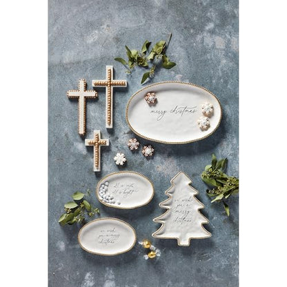 Christmas Tree Serving Platter - White Dolomite with Gold Beaded Rim