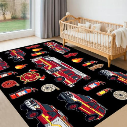 Fire Engine Theme Area Rug for Kids Playroom 4x5ft - Red Firefighter Rescue Carpet