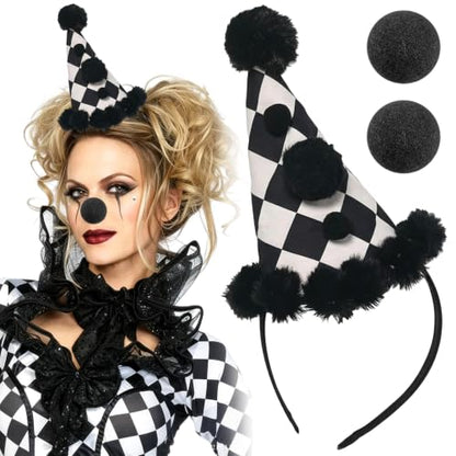 Clown Hat Headband Nose Set - Black White Halloween Costume Accessories