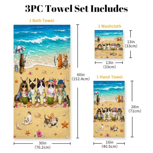 Cat Beach Towel Set - 3 Piece Summer Cat Bath Towels with Ocean Theme - Miaow Variation