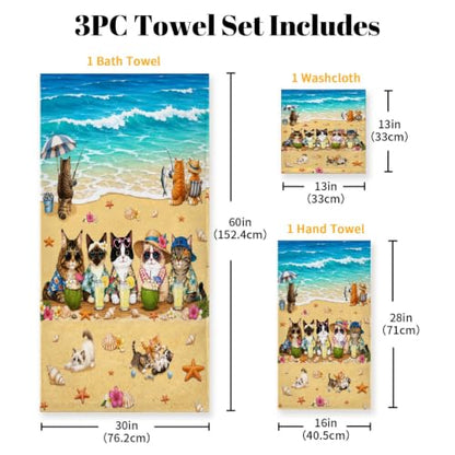 Cat Beach Towel Set - 3 Piece Summer Cat Bath Towels with Ocean Theme - Miaow Variation