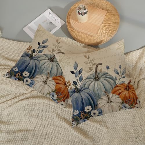 Watercolor Fall Pumpkin Pillow Covers 18x18 Set of 2 Orange Blue White Linen