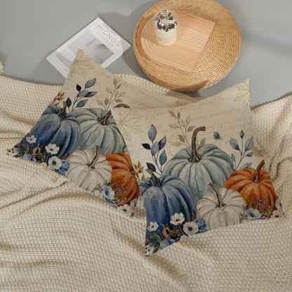 Watercolor Fall Pumpkin Pillow Covers 18x18 Set of 2 Orange Blue White Linen