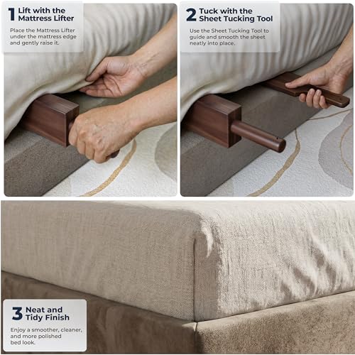Walnut Solid Acacia Wood Sheet Tucker & Mattress Lifter Set for Bed Making