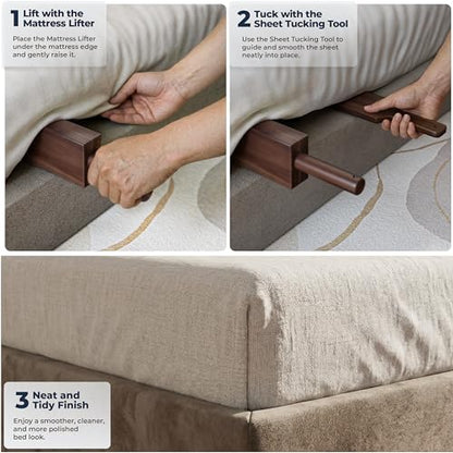 Walnut Solid Acacia Wood Sheet Tucker & Mattress Lifter Set for Bed Making