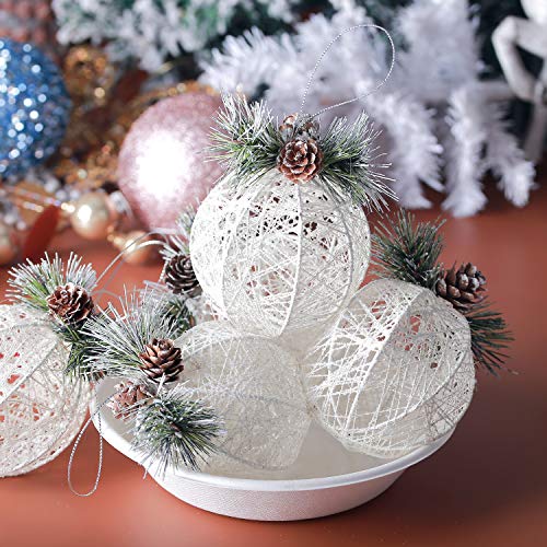 White Pinecone Christmas Ornaments Set - 4 Pack Rattan Thread Holiday Decor