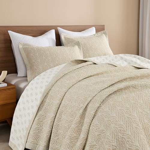 California King Quilt Set 3 Pieces - White & Oatmeal Reversible Cotton Bedspread