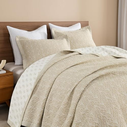California King Quilt Set 3 Pieces - White & Oatmeal Reversible Cotton Bedspread