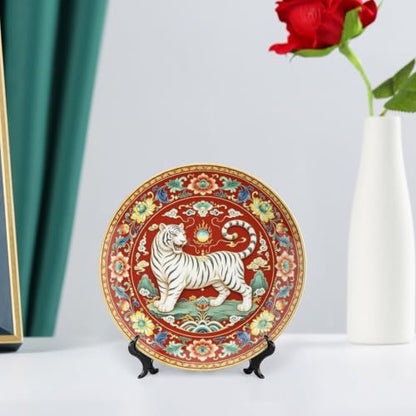 White Tiger Porcelain Decorative Plate - 6 Inch Wall Art Home Decor