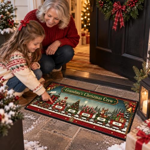 Personalized Christmas Train Family Entryway Rug - Grandma Grandpa Holiday Runner, Xmas Home Decor