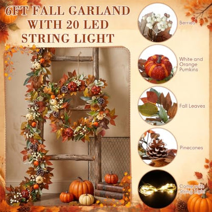 Elegant 6ft Fall Garland for Mantle with Lights - Autumn Decor