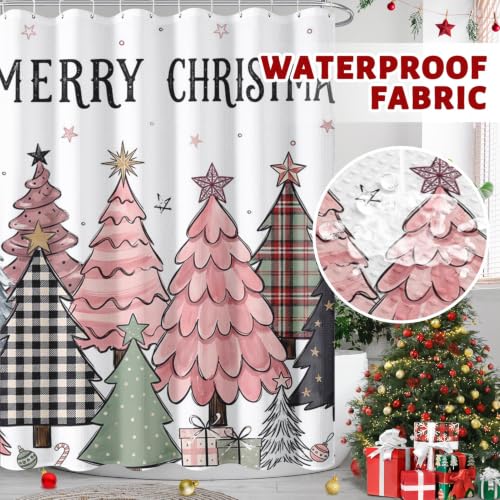 Pink Christmas Shower Curtain Set - Bathroom Decor with Window Curtains 72x72 Inches