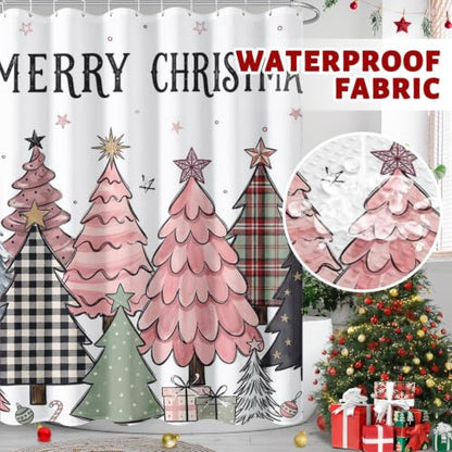 Pink Christmas Shower Curtain Set - Bathroom Decor with Window Curtains 72x72 Inches
