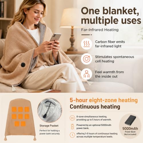 Beige Portable Heated Shawl Blanket 60x31 Inches USB Electric Wrap