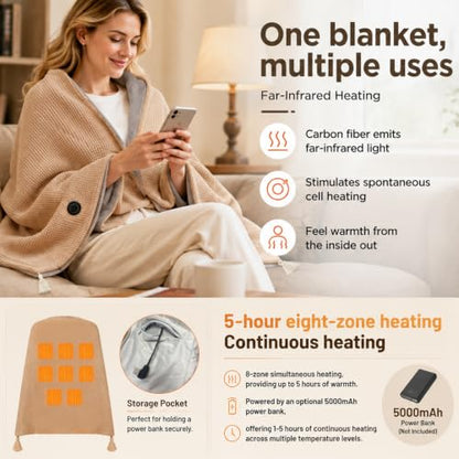 Beige Portable Heated Shawl Blanket 60x31 Inches USB Electric Wrap