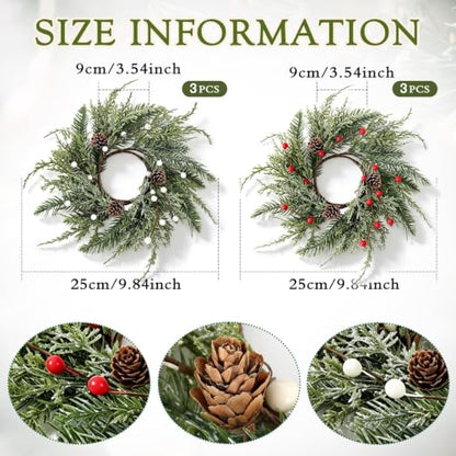 Christmas Berry Candle Wreaths Set of 6 - Faux Cedar Pine Cones Holiday Decor