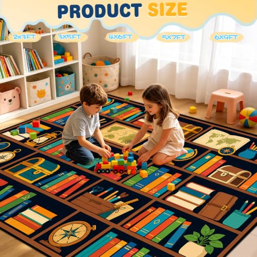 Colorful Bookworm Area Rug 5x7 for Kids' Reading Nook Bedroom Living Room - Non-Slip
