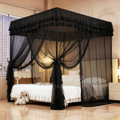 Black Queen Bed Canopy with Mosquito Netting - 4 Corners Post Drapes for Bedroom Decor