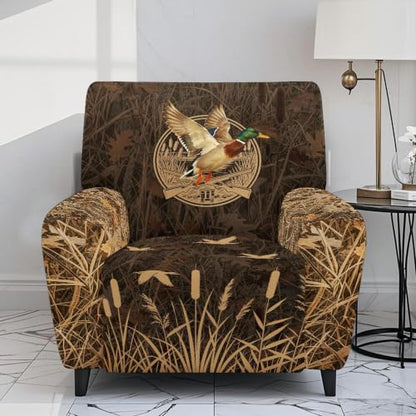 Duck Hunting Camo Print Recliner Chair Cover - 4-Piece Stretch Slipcover with Side Pocket