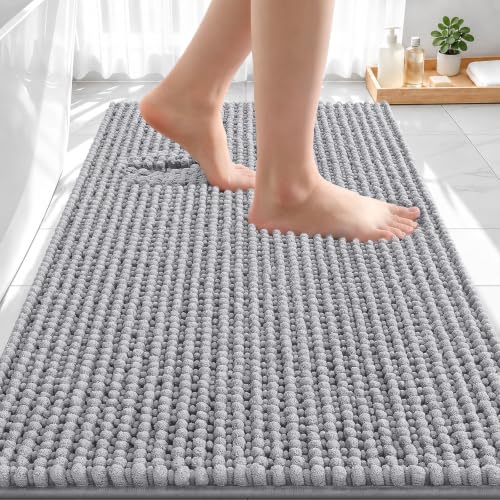 Grey Thick Bathroom Rug 30x20 Chenille Absorbent Non-Slip Bath Mat