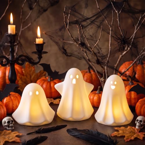 3PCS Ceramic Ghost Halloween Decorations with Amber LED Glow - Indoor Display