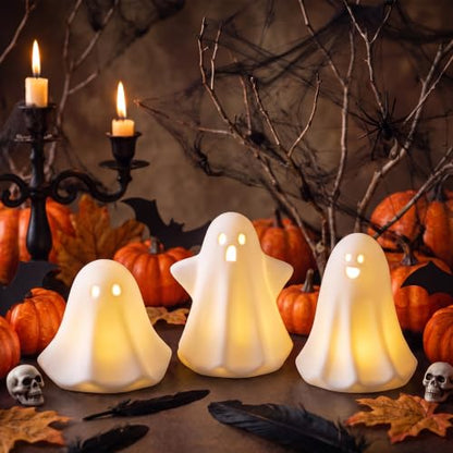 3PCS Ceramic Ghost Halloween Decorations with Amber LED Glow - Indoor Display