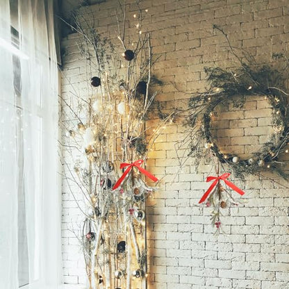 Christmas Artificial Mistletoe Ornaments with Red Bow - 2 Pieces G
