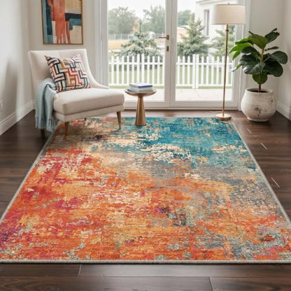Washable Abstract Runner Rug 2x5 ft Non-Slip Entryway Carpet - Aqua Saffron
