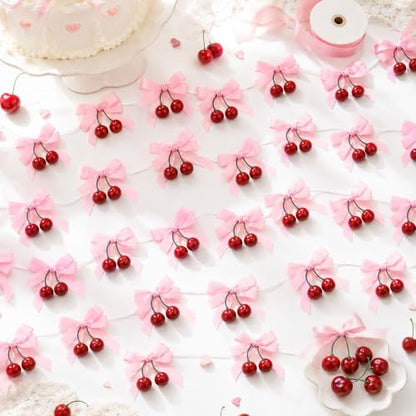 Cherry Party Decorations Set with Pink Bow Garlands for Birthday Baby Shower Wedding