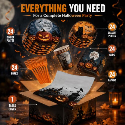 Halloween Party Supplies Set for 24 Guests - Plates, Napkins, Cups & Tablecloth