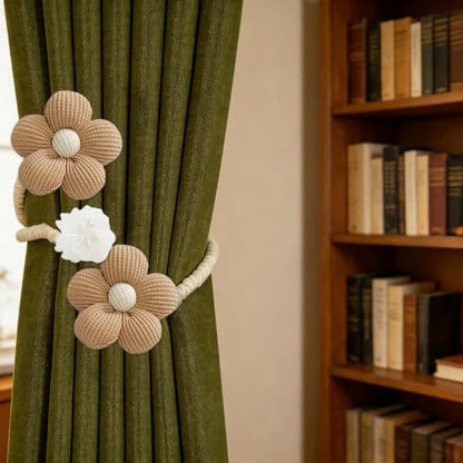 Brown Curtain Tiebacks Set - Boho Twist Rope Holders with Fabric Flowers