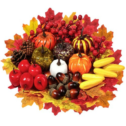 Fall Table Decor Pumpkin Set with Leaves Berries and Acorns - 73 Pieces