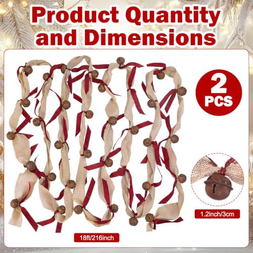 36 ft Rustic Christmas Bell Garland with Burlap & Metal Sleigh Bells - Farmhouse Decor