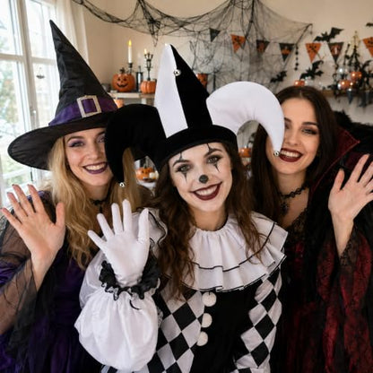 Black & White Jester Hat Costume - Circus Clown Cap for Halloween Carnival - 1pc Jester Variation