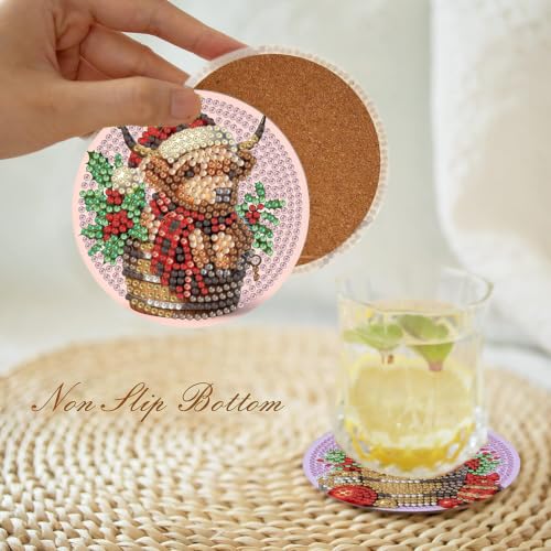 Christmas Cow Diamond Art Coasters Kit - 8 pcs Holiday Drink Protectors with Holder